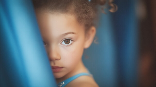 Nervous Young Gymnast Peeking Through Curtain Before Performance - Powered by Adobe