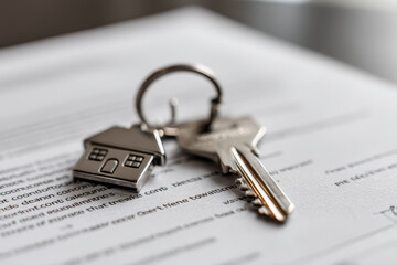 A silver house key with a house-shaped charm rests on a legal document.