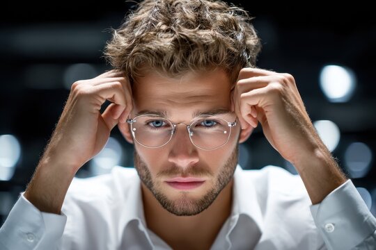 Young man in glasses with a focused expression in a bright setting during the evening hours