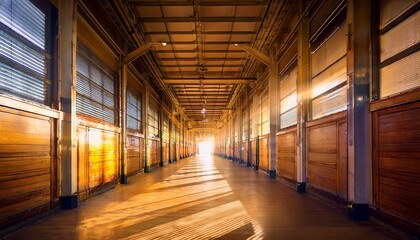 industrial interior sunbeams illuminate a long corridor