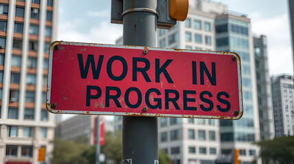 A rusted red street sign that says WORK IN PROGRESS on a pole in a city, 16-9