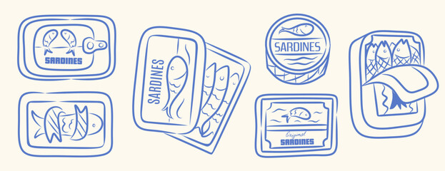 Set of Sea food artwork. Canned fish artwork. Sardines fish artwork for t shirt print, poster, sticker and other uses. Italian la dolce vita background. Mediterranean food outline vector illustration.