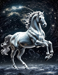 White horse with magical aura galaxy of stars behind