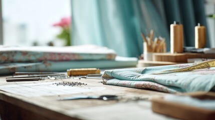 Tailoring workshop with sewing tools and fabric for creative garment design,National Sewing Month