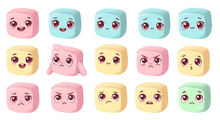 Cute Pixel Cartoon Characters Expressing Various Emotions Isolated Illustration