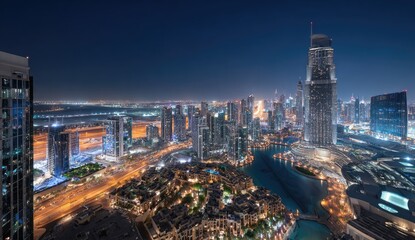 Obraz premium Panoramic night cityscape of a modern metropolis. Vast network of illuminated high-rises. Elevated view of roads, water features, and residential areas