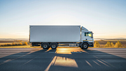 Modern White Box Truck on Rural Highway at Sunrise: Logistics, Transportation, and Delivery Concept.