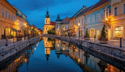 Obraz premium Evening canal city scene, colorful buildings reflected