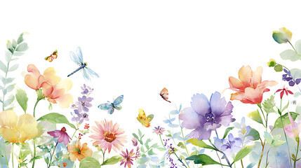 Watercolor floral border arrangement with hand painted flowers and airy dragonflies outlining spacious copy area for invitations menus and flyers