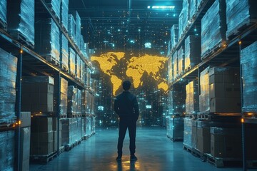 A person stands in a vast warehouse, a world map projected