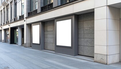 Fototapeta premium Building exterior featuring a signboard banner for product placement on urban streets in a cityscape environment