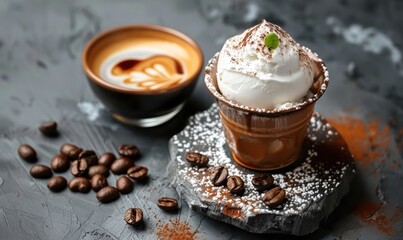 Coffee and ice cream dessert composition overhead still life close up