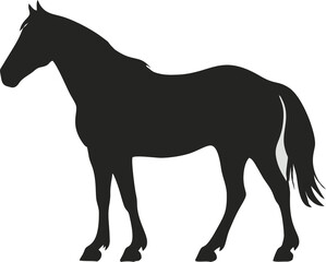A sleek black silhouette of a horse standing gracefully, set against a clean, light background.
