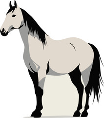 A sleek black silhouette of a horse standing gracefully, set against a clean, light background.