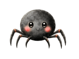 Illustration of a cute and fluffy cartoon spider with big eyes and a happy smile, isolated on a transparent background