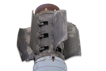 Close-up image of a worn, rusted Russian rocket cylindrical component with ridges and circular...