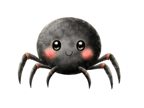 Illustration of a cute and fluffy cartoon spider with big eyes and a happy smile, isolated on a transparent background