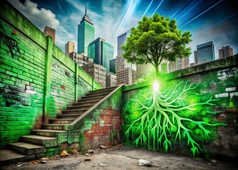 Urban Exploration: Hopeful Ascent - Green Graffiti Explosion