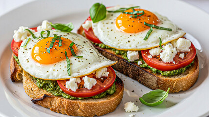 Delicious Pesto Toast with Fried Egg, Feta, and Tomato: Vibrant, Healthy Breakfast Food Photography