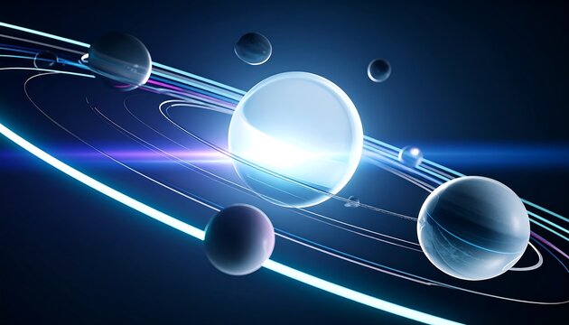 Abstract Planetary System with Glowing Orbs and Neon Light Trails