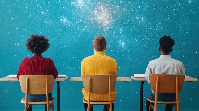 Racial equality in education concept. Three students facing a vibrant wall during a learning session.