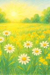 Fototapeta premium Colorful pencil drawing of daisies and small yellow flowers growing in a green field during a beautiful sunrise