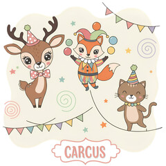 Naklejka premium Cute Circus Animal Cartoon Illustration In Whimsical Background