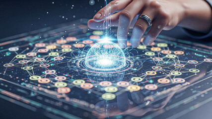 Hand interacting with futuristic holographic network data visualization;  global connectivity concept.