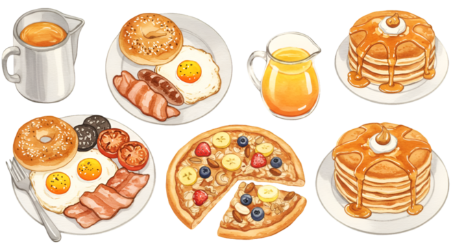 Delicious Breakfast Illustration With Pancakes Eggs Pizza and Fresh Fruits - Powered by Adobe