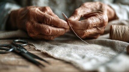 Elderly hands sewing with thread and needle close up for craft and textile art concept,National Sewing Month