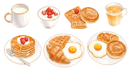 Delicious Breakfast Illustration with Waffles Eggs Croissant and More