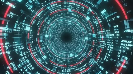 Abstract futuristic tunnel with glowing blue and red rings & data visuals, leading to darkness - Powered by Adobe