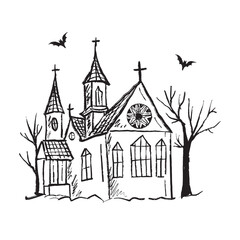 Vintage old church with horror silhouette trees and bats flying around in black brush stroke texture isolated on white. Hand drawn vector sketch illustration in vintage charcoal ink. Halloween