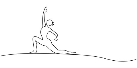 Woman Fitness Exercise Continuous One Line Drawing. Active Lifestyle Simple Linear Style, Woman Yoga Minimalist One Line Drawing. Woman Yoga Pose Line Art Trendy Illustration, doing yoga exercise. 