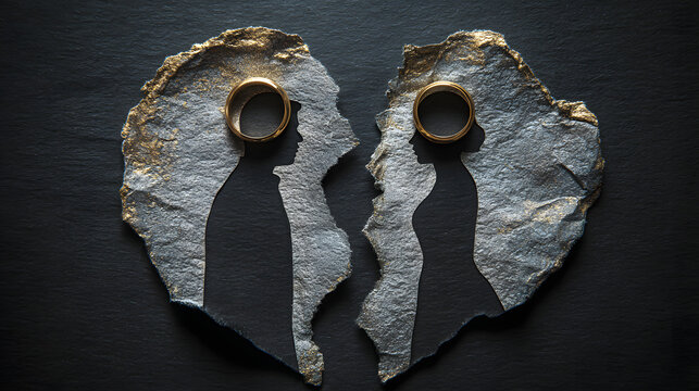 Silhouettes of a man and woman facing away within a torn heart shape, separated by a rip in paper with wedding rings above, symbolizing divorce, emotional separation, and broken relationships


