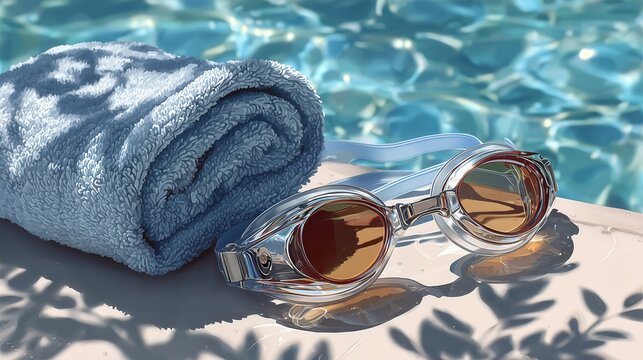 Blue Rolled Towel And Silver Swimming Goggles Beside Sparkling Pool - Powered by Adobe