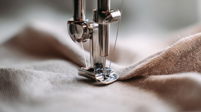Close-up of sewing machine needle stitching fabric for tailoring and craft projects,National Sewing Month - Powered by Adobe