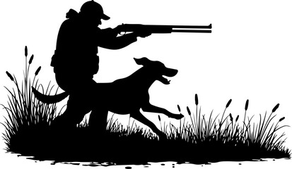 Hunter with Dog Aiming Rifle at Ducks | Outdoor Hunting Silhouette Vector
