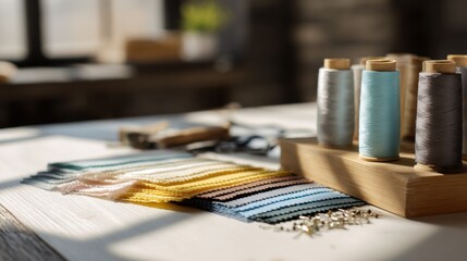 Creative sewing workspace with colorful thread spools and fabric swatches ,National Sewing Month