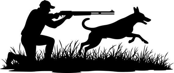 Hunter with Dog Aiming Rifle at Ducks | Outdoor Hunting Silhouette Vector