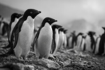 Obraz premium Antarctic colony of black and white Adelie penguins
