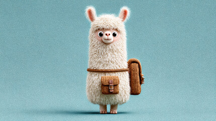 Cute alpaca cartoon, Adventurous cartoon alpaca with a small backpack, perfect for whimsical designs and fun illustrations.