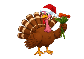 Cute Thanksgiving Turkey Illustration Wearing Santa Hat Holding Flowers