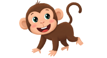 Cute Cartoon Monkey Smiling Joyfully Against Transparent Background Illustration