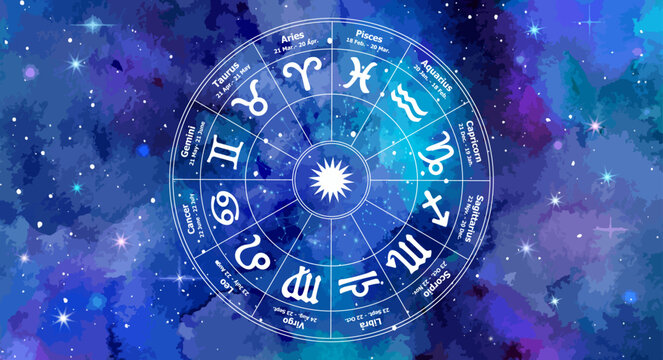 Zodiac vector circle on a cosmic starry background with all twelve astrological signs. Mystical and decorative design for astrology, horoscope