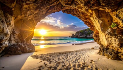 Sunrise shines through beach cave view