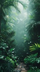 Walking Path Through Lush Tropical Rainforest Green Landscape