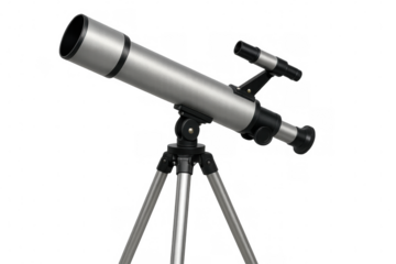 Silver telescope standing on a tripod, ready for astronomical observation, isolated on transparent background