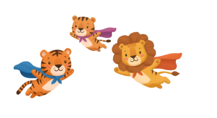 Cute Cartoon Superhero Tiger Lion Flying on Transparent Background Illustration