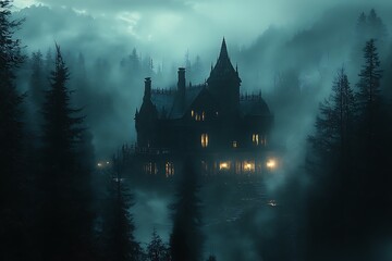 Dark Victorian mansion shrouded in mist with glowing windows in forest gothic mansion